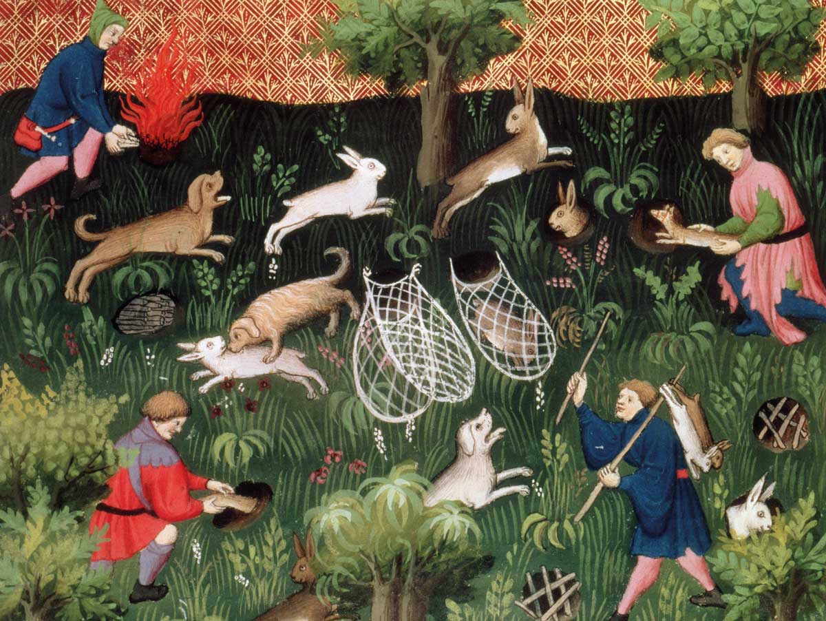 Hunting hares, from the Livre de la Chasse by Gaston Phebus de Foix, late 15th century © Bridgeman Images. Hunting hares, from the Livre de la Chasse by Gaston Phebus de Foix, late 15th century © Bridgeman Images.