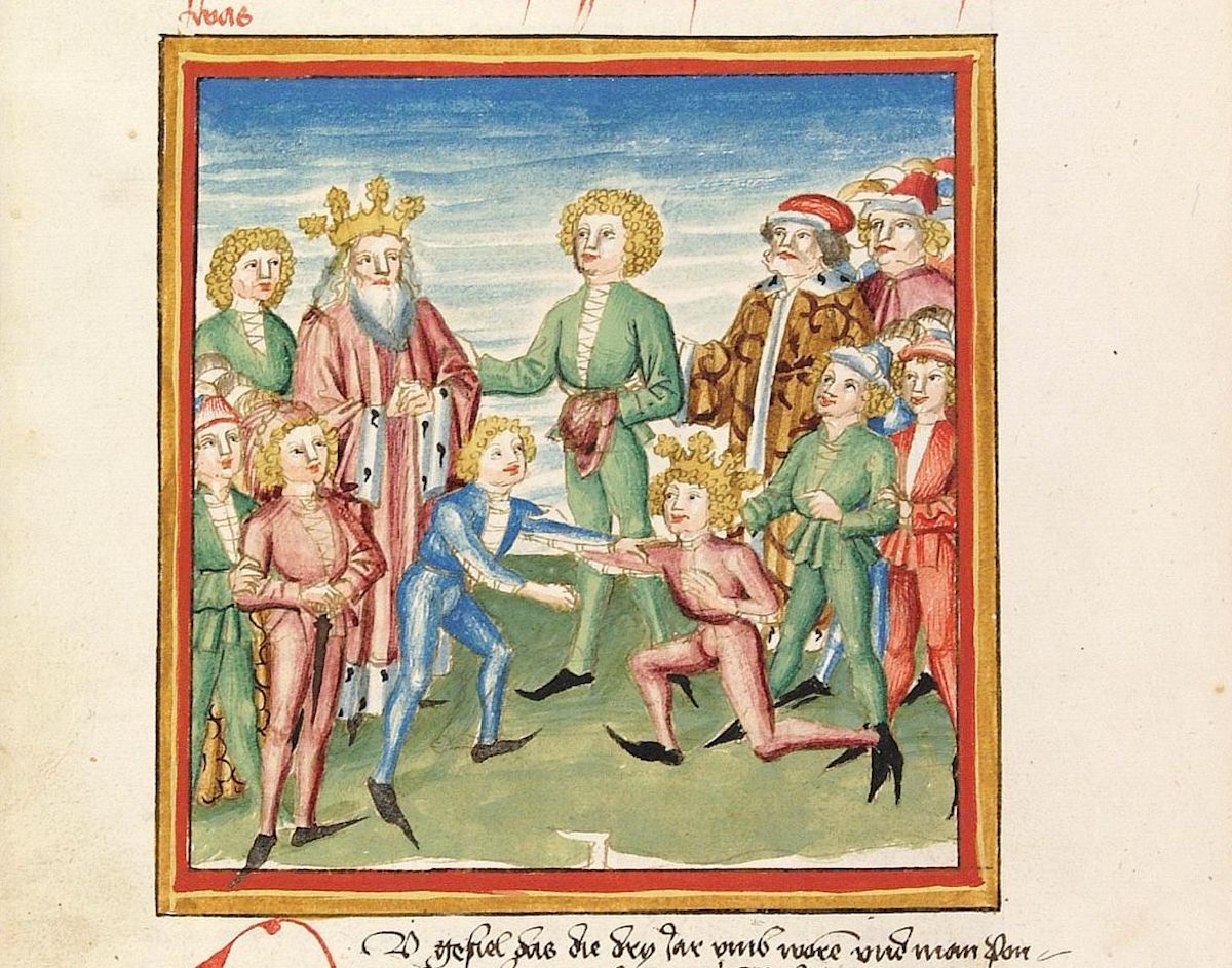 Children wrestle before a king, c. 1470-80. Universitätsbibliothek Heidelberg. Public Domain. Children wrestle before a king, c. 1470-80. Universitätsbibliothek Heidelberg. Public Domain.
