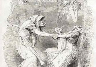 Punch cartoon from 1843 criticizing the New Poor Law's workhouses for splitting mothers and their infant children.
